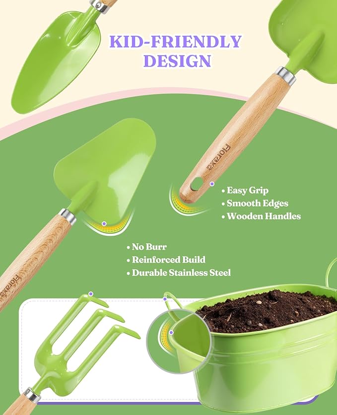 8Pcs Kids Gardening Set with Metal Basket & Real Metal Tools, STEM Outdoor Kit, Ergonomic Wooden Handles, 3 Shovels, Rake, Watering Can, Gloves, Tote Bag, Gift for Toddler Boys Girls, Green