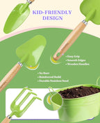 8Pcs Kids Gardening Set with Metal Basket & Real Metal Tools, STEM Outdoor Kit, Ergonomic Wooden Handles, 3 Shovels, Rake, Watering Can, Gloves, Tote Bag, Gift for Toddler Boys Girls, Green