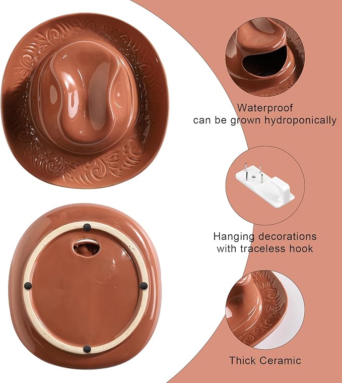 Hanging Wall Planters for Indoor Plants, Wall Vases for Flowers, Ceramic Cowboy Hat Vases for Decor, for Bathroom, Living Room, Office, and Home Decor. Brown Medium