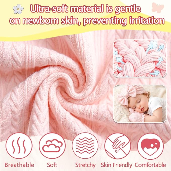 8 Sets Newborn Baby Girl Hats & Mittens, Cotton Preemie Hospital Bow Cap, No Scratch Gloves,Infant Beanies 0-3 Months