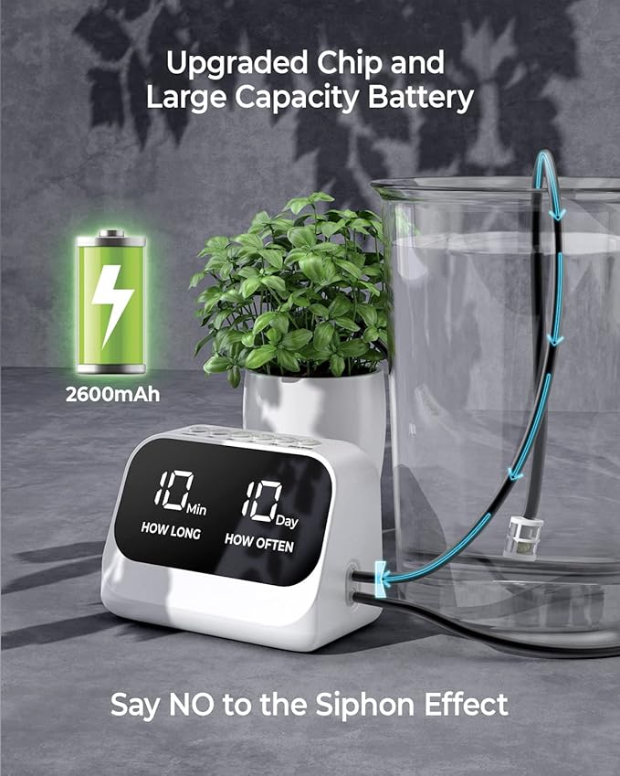 Automatic Watering System for Potted Plants, Plant Waterer, DIY Drip Irrigation Kit with Smart Timer, Waterproof LED Display & Large Capacity Battery, Precise Distribution of Water (White)