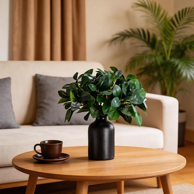 12 Inch Artificial Plant Indoor,Small Fake Plants Eucalyptus Stems With Vase,Faux Greenery In Pot For Farmhouse Home Decor,Bathroom Living Room Kitchen Office Coffee Table Centerpiece (Black)