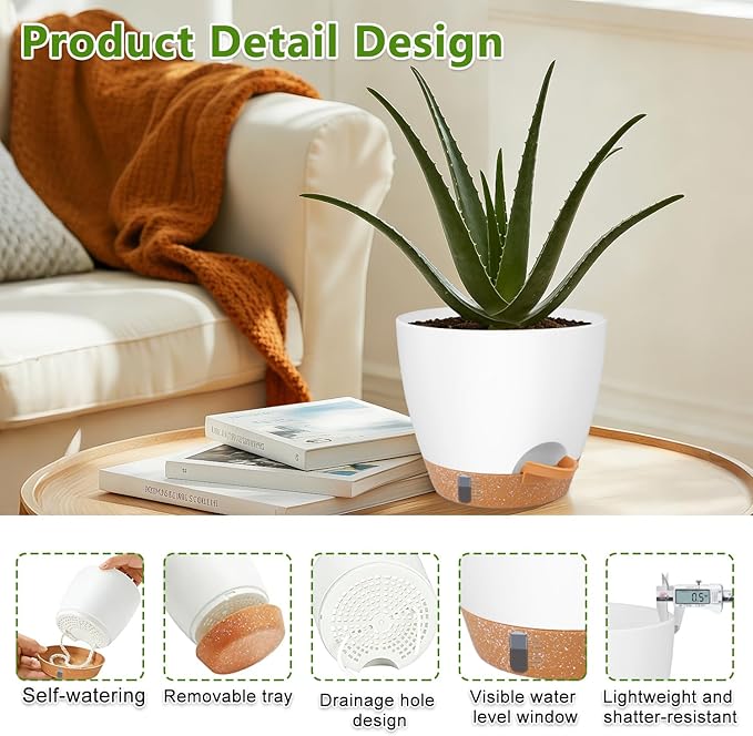 QRRICA Plant Pots 8/7/6.5/6/5.5/5 Inch Self Watering Pots, with Drainage Holes and Saucers,Water Level Indicator & Deep Reservoir,Large Plastic Planter for Indoor Out Door Plants (White)