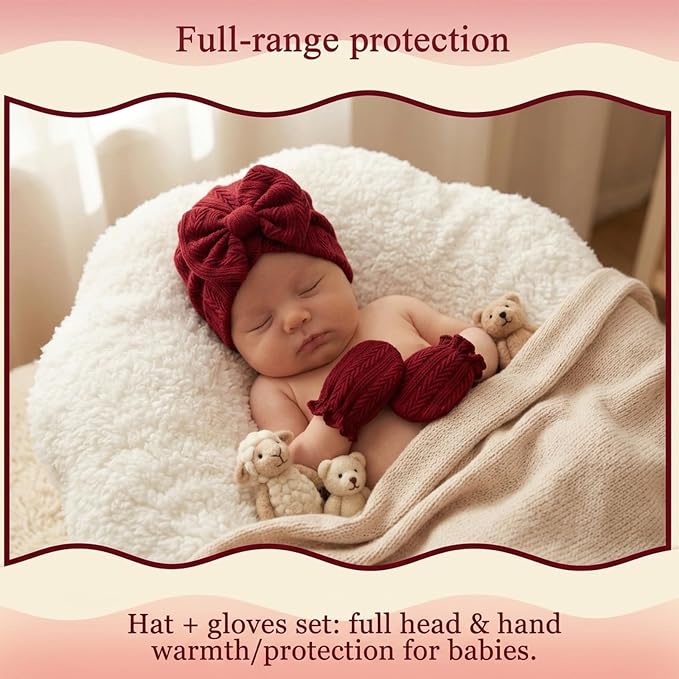 Newborn Baby Girl Hats Mittens Set Cotton Hospital Bow Hat Beanies Caps Gloves for New Born Girls 0-6 Months