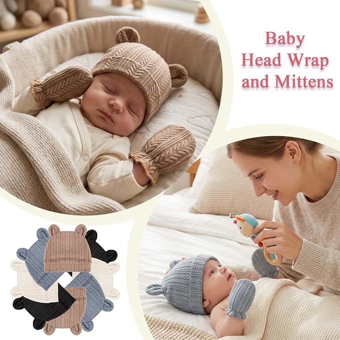 Newborn Baby Girl Hats Mittens Set Cotton Hospital Bow Hat Beanies Caps Gloves for New Born Girls 0-6 Months