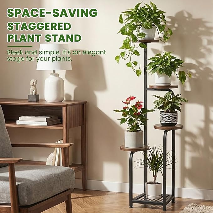 TOSKING 5 Tier Metal Anti-Tip Plant Stand indoor, Wide Base for Pots, Child and Pet Friendly ,Heavy Duty Plant Shelf ,Corner Shelf, Flower Pot Stand for Multiple Plants, Indoor Plants Tiered Stand for Living Room Balcony Garden Patio Bedroom(Black and ...