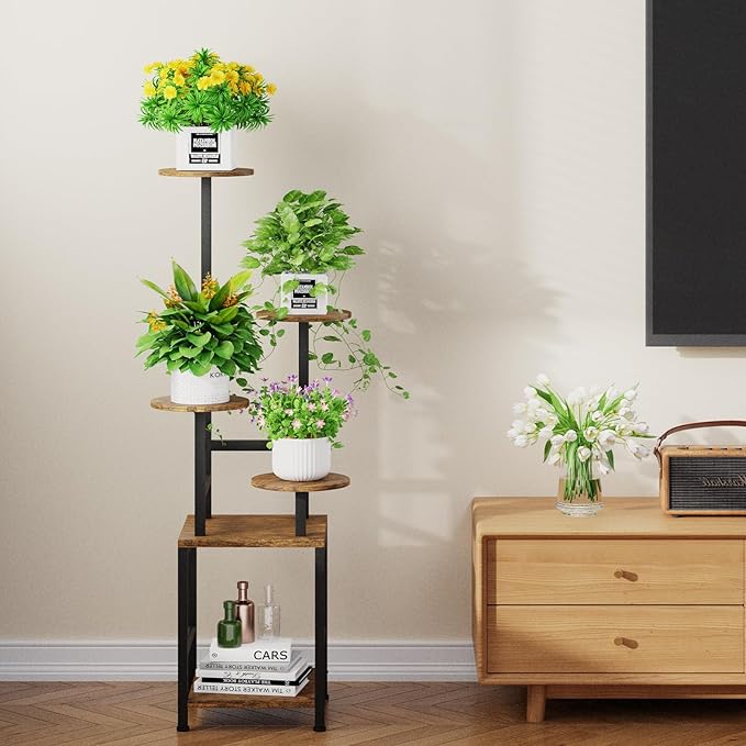 Homsorout Round Plant Stand Indoor with Grow Light, 5-Tiered Tall Plant Stand Indoor, Metal Plant Shelf with Adjustable Light, Ideal for Living Room, Garden, Patio (Black Brown)