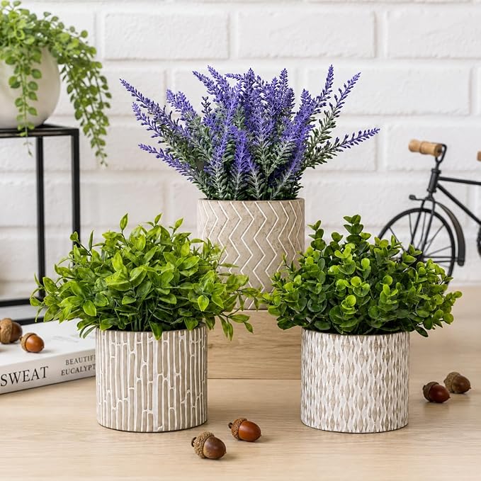 Set of 3 Artificial Potted Plants, Faux Eucalyptus Lavender and Tea Tree Greenery in Cement Pots, Small Fake Plants for Shelf Bathroom Office Desk Decor