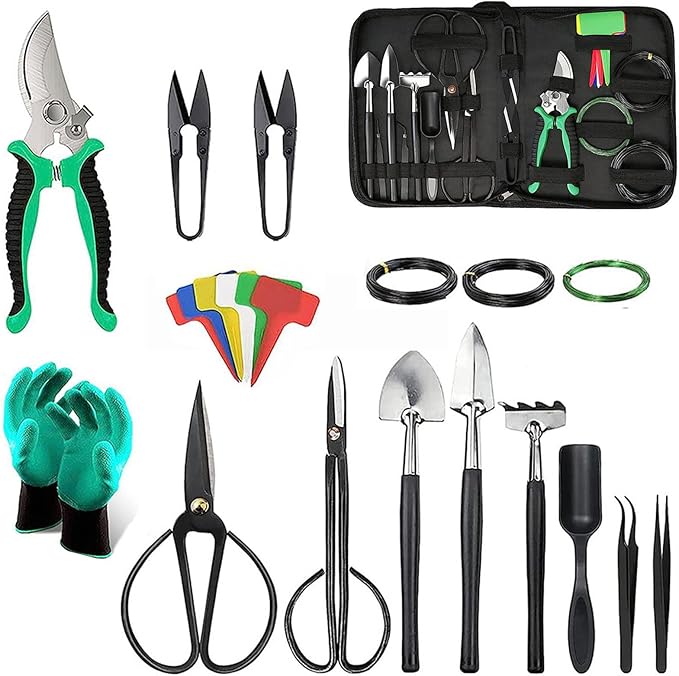 24 Piece Bonsai Tree Kit, Bonsai Trimming Tool Set, Bonsai Starter Kit, Carbon Steel Scissors Cutter Shears, Stainless Steel Rake Shovel, Gardening Pruning Tools, Gloves