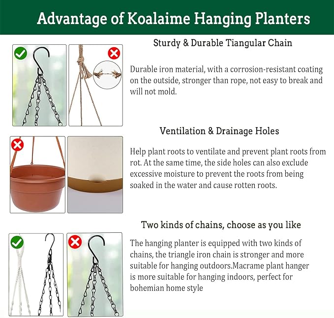 Koalaime Hanging Planter Self Watering 10 Inch, 2 Pack Indoor Outdoor Hanging Baskets, Hanging Flower Pots with Drainage Hole & 2 Kinds of Plant Hangers for Garden Home Decor(Black Hanger