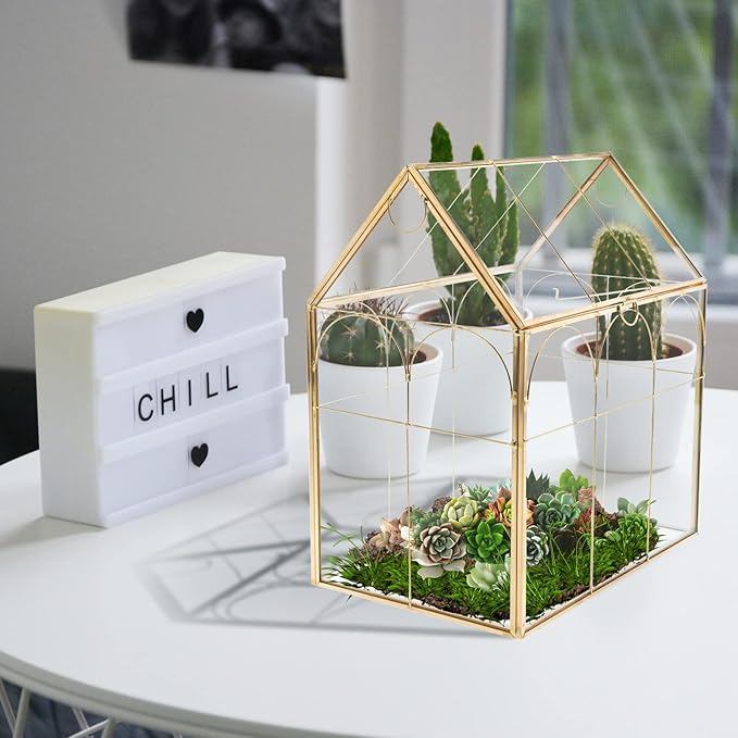 HighFree Geometric Plant Terrarium with Lid, House Succulent Terrarium Kit for Display, Air Plants, Succulents, Home Tabletop Miniature Terrarium, Not Airtight or Waterproof (Gold)