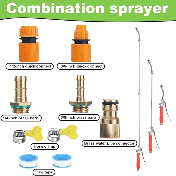 44" Sprayer Wand Replacement Kit, Stainless Steel Watering Lance with 1/4", 3/8", 1/2" Quick Connectors, Brass Barbs & Hose Clamps Adjustable Nozzle Universal Garden Pressure Pump Spray Accessories