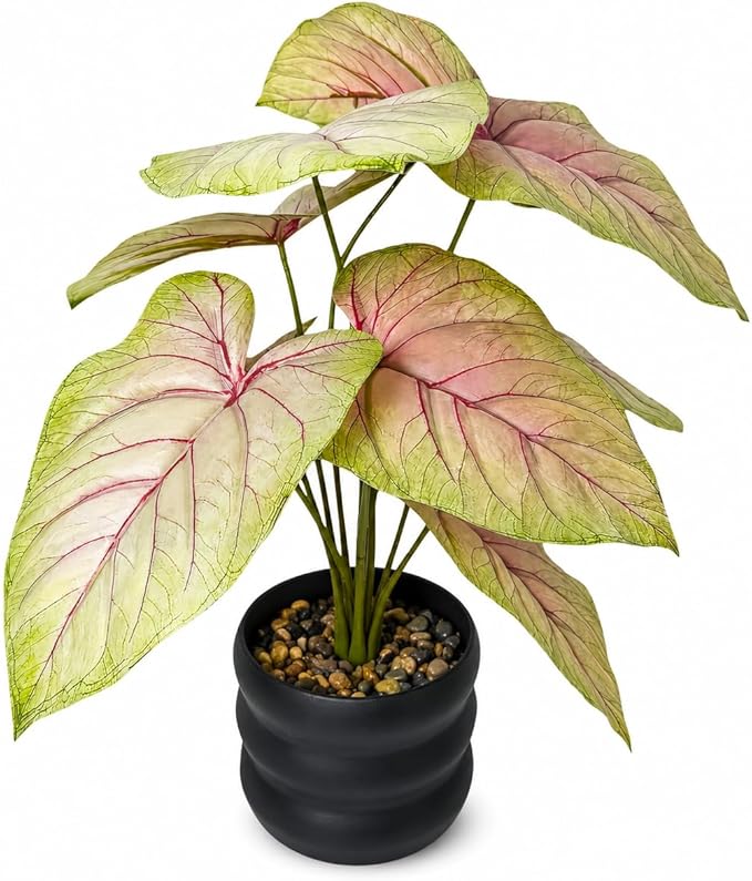 16'' Fake Plant Tall Artificial Caladium Plants Indoor with Black Planter Design, for Home Living Rooms Patios Porches Bathrooms Outdoor Decor (Red)