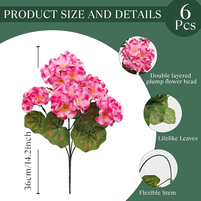 6 Bundles Artificial Geranium Flowers for Outdoors, Realistic Silk Geraniums Fake Flowers UV Resistant Faux Plants for Porch Front Door Planter Patio Balcony Outside Decor (Pink)