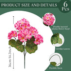 6 Bundles Artificial Geranium Flowers for Outdoors, Realistic Silk Geraniums Fake Flowers UV Resistant Faux Plants for Porch Front Door Planter Patio Balcony Outside Decor (Pink)