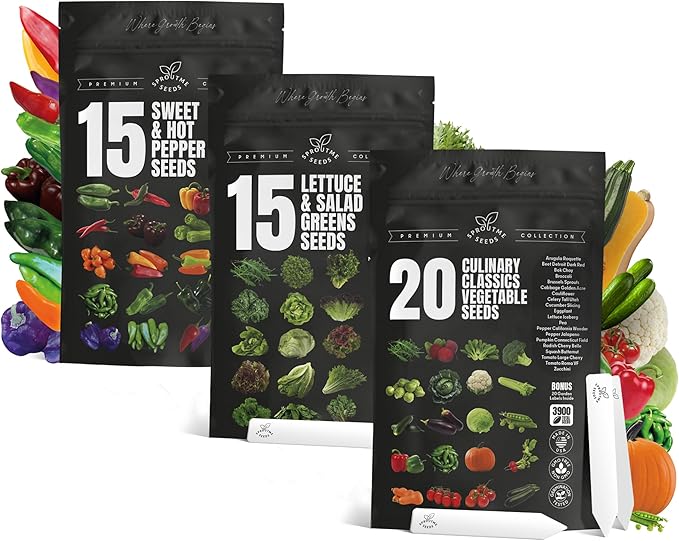 20 Vegetable + 15 Lettuce & Salad Greens + 15 Sweet & Hot Pepper Seeds Variety Pack Bundle 11950+ Non-GMO Heirloom Garden Seeds for Planting