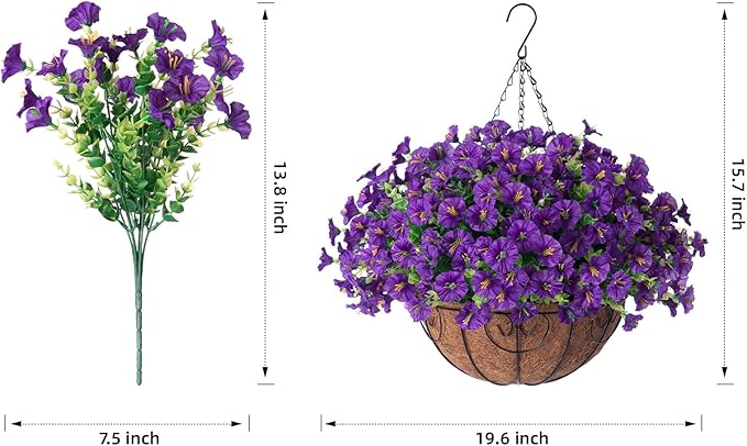 Artificial Fake Hanging Flowers Plants Basket for Outdoors Spring Decoration, Realistic Faux Silk Morning Glory for Outdoor Planters UV Resistant Artificial Flowers for Outside Porch Garden, Purple