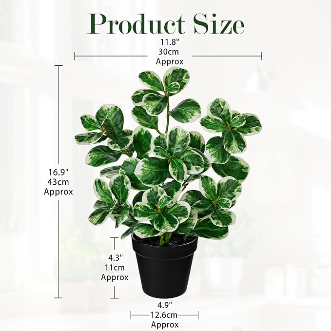 17" Artificial Rubber Plant in Black Pot, Faux Ficus Plant Potted with Cream White Edge Foliages, Fake Greenery Plant for Home Office Tropical Decor