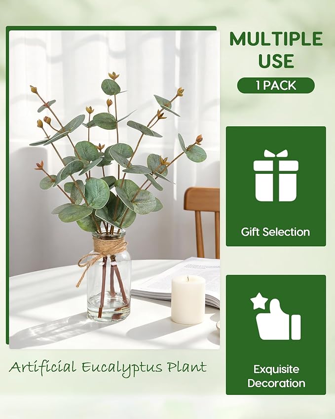 Velener Faux Eucalyptus Stems in Vase with Faux Water, Fake Plants Artificial Eucalyptus Plant for Home Decor, Kitchen Bathroom Farmhouse Living Room Coffee Table Faux Centerpieces for Tables Green