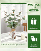 Velener Faux Eucalyptus Stems in Vase with Faux Water, Fake Plants Artificial Eucalyptus Plant for Home Decor, Kitchen Bathroom Farmhouse Living Room Coffee Table Faux Centerpieces for Tables Green