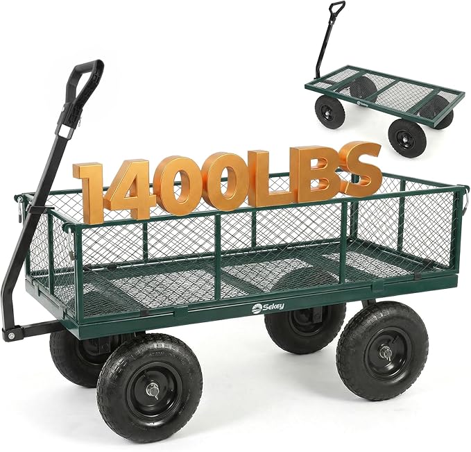 Sekey 1400lbs Heavy Duty Steel Garden Cart for Farm & Construction, 7.7 Cu.Ft. Extra-Large Utility Wagon with Removable Sides, 2-in-1 Towable Handle, 13" Rubber Tires, Green