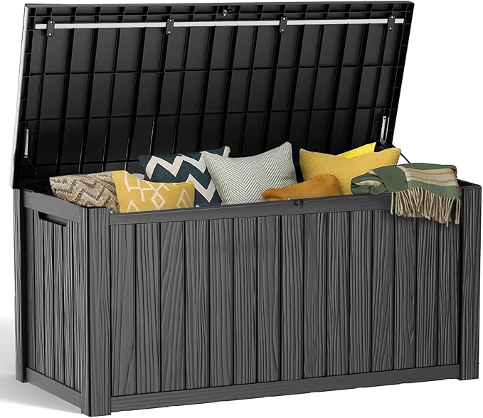 PatioZen 150 Gallon Resin Deck Box, Lockable Patio Outdoor Storage Box for Furniture, Garden Tools and Tools Storage, Waterproof Outside Storage Boxes - Black