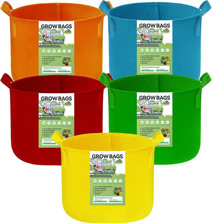 3 Gallon Grow Bags, Colorful Grow Bags 3Gal Fabric Planters Grow Bags, Fabric Plant Grow Bags Garden Bgas Fabric Pots Tomato Planter Bags for Vegetables Flowers, 5-Pack