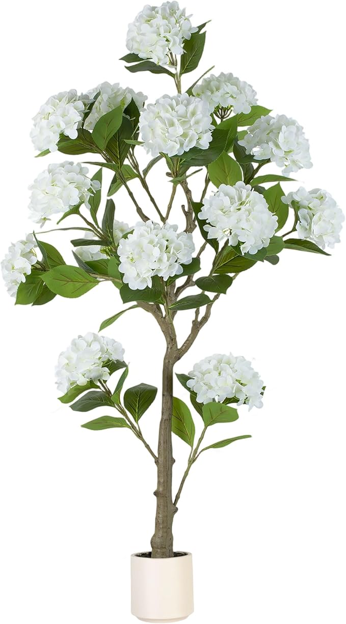 BLOSMON White Hydrangea Artificial Trees: 5ft Real Touch Faux Hydrangeas Flower Tree with Pot for Front Porch Planters Decoration Outdoor - Fake Silk Floral Plant for Home Patio Entrance Decor Indoor