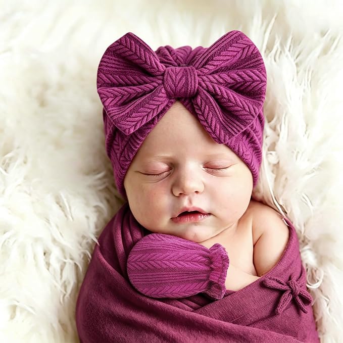 BQUBO Baby Turban Hats and Mittens Set Newborn Infant Hospital Hats Caps with Bows for Baby Boys Girls 0-12 Months
