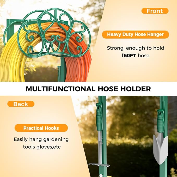 Garden Hose Holder with 2 Tool Hooks Heavy-Duty Freestanding Water Hose Holder Holds 160Ft Hoses, Rustproof Freestanding Hose Stand with 4 Spikes Hose Hanger Storage Rack for Outside, Yard, Lawn