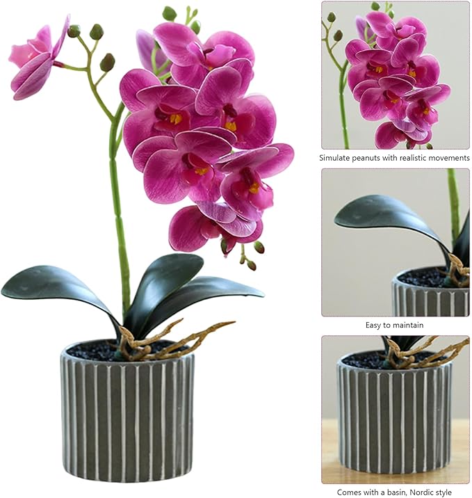 Artificial Orchid 12.6 Inch Tall Realistic Faux Orchid in A Pot Real Touch Decorative Bonsai Fake Flowers for Table Centerpieces Living Room Home Decor Purple