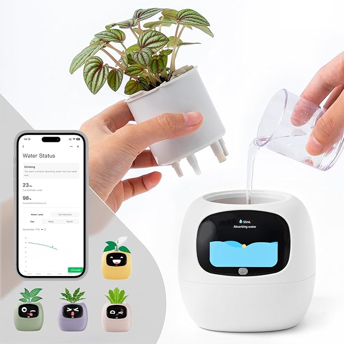 Smart Planter with App Control, Self-Watering AI Plant Pot with LCD Display, Interactive Desk Plant Companion for 100+ Plants, Smart Indoor Planter with Pomodoro Timer,80ml Reservoir,Calendar-White