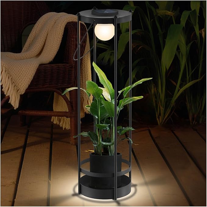 Outdoor Solar Floor Lamp with Plant Stand 2 in 1 Heavy-Duty Metal Flower Pot for Real/Fake Flowers, Adjustable Height, Waterproof Dusk to Dawn, Standing Light for Patio, Yard, Garden (35.5"H - 1Pack)