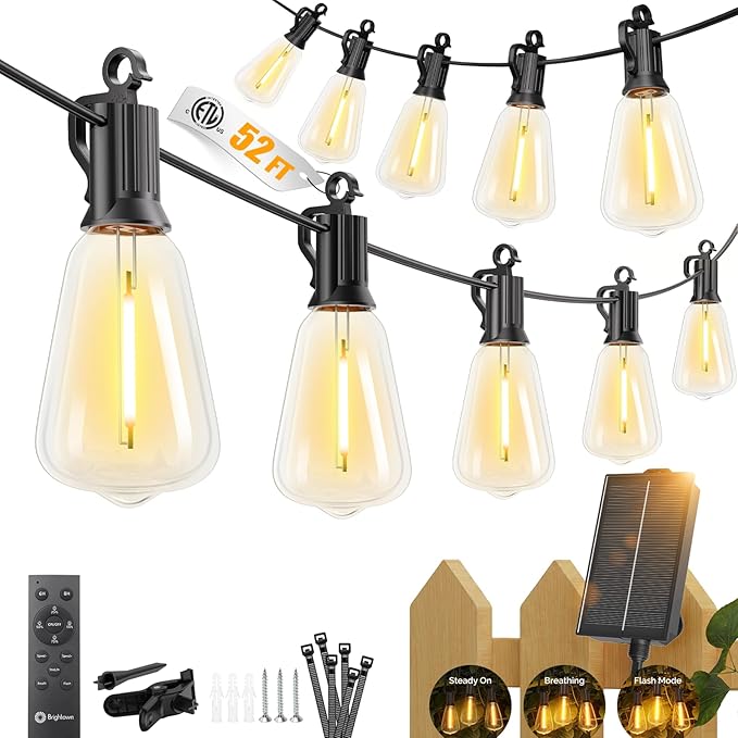 Brightown 52FT Solar String Lights Outdoor Waterproof, Patio Lights with Remote and 15+1 LED Shatterproof Bulbs, Dimmable & Timable, 3 Light Modes, Solar Lights Outdoor for Yard Garden Camping Party