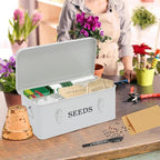 Seed Storage Organizer, 4 Compartment Seed Storage Box with Safety Lock, Metal Seed Box Container with 2 Pens, 20 Plant Labels and 50 Seed Envelopes for Seed Packet & Small Garden Tool, White