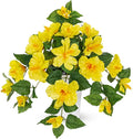 Briful Artificial Hanging Hibiscus Flowers Potted Plant – Faux Tropical Hibiscus with Silk Petals & Lush Leaves – White Square Pot – Yellow Fake Flower for Indoor Outdoor Porch Patio Decor