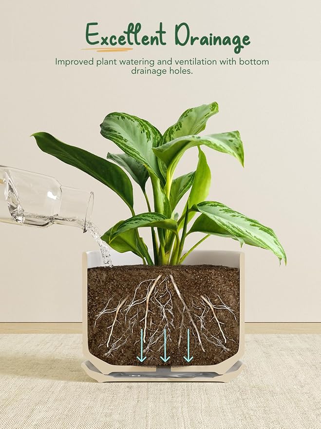 Ceramic Pots for Plants, 10 Inch Plant Pot with Drainage Hole & Saucer, Sturdy & Modern Planters for Indoor Plants, Includes Mesh Screen, Fits Snake Plant & Monstera, White