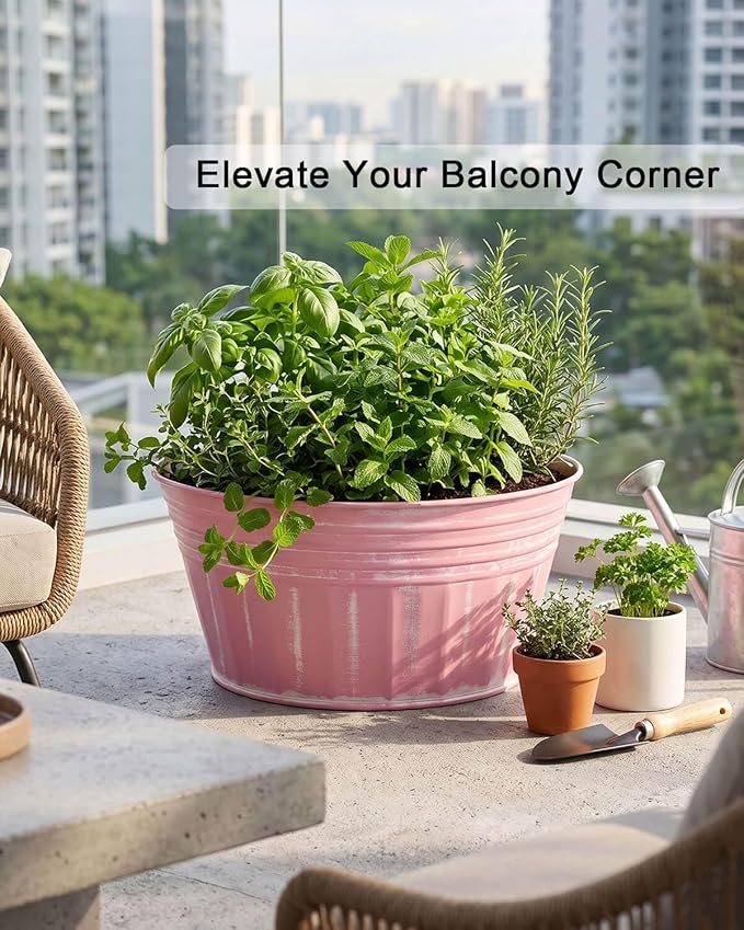 vensovo 10 Inches Pink Metal Rustic Plant Pots - 4 Pcs Large Shallow Galvanized Planters with Drain Hole and Rubber Plug, Rustproof Tin Bucket Succulent Pot Indoor Farmhouse Vintage Style for Decor