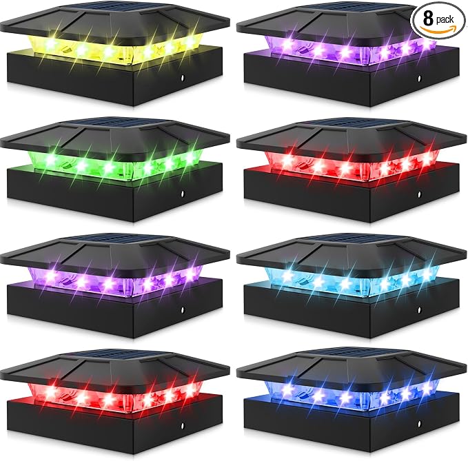 Peasur 4x4 Solar Post Cap Lights RGB Color Changing, 8 Packs LED Deck Fence Light Solar Powered Outdoor Waterproof, Wood/Vinyl Posts Top Lighting for Outside Yard Garden Patio