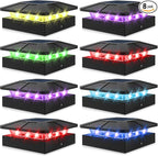 Peasur 4x4 Solar Post Cap Lights RGB Color Changing, 8 Packs LED Deck Fence Light Solar Powered Outdoor Waterproof, Wood/Vinyl Posts Top Lighting for Outside Yard Garden Patio