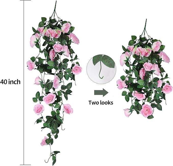 RECUTMS Valentines Day Rose Decorations, Fake Hanging Flower, 2PCS Artificial Rose Vine Plants Flowers Wedding Home Decoration and Wall Décor 3.3Ft Valentines Pink Outdoor Decor (Pink)