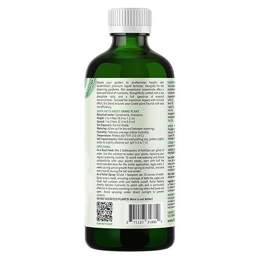 GARDENWISE 3-1-2 Liquid Fertilizer Concentrate with Micronutrients - Ideal Snake Plant Food for Sansevieria (Dracaena trifasciata), Indoor Plant Care (32 OZ)