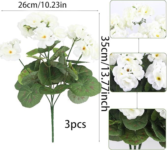CITYES 3 Pcs Artificial Geraniums Flowers Silk Geraniums for Outdoors UV Resistant White Artificial Geranium Bush Faux Flowers Plant for Planter Garden Home Decor Indoor Patio Vase Table Centerpiece