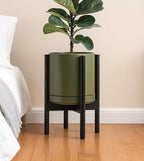 D'vine Dev Ceramic Planter with Ebony Stand - 10 Inch Modern Round Flower Pot with Wood Planter Holder, Olive, 55-B-L-J