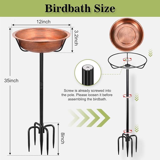 Gtongoko 3.2 Inch Deep Metal Bird Bath for Outside Heavy Duty, 35 Inch Height Bird Feeder Birdbaths for Outdoors, Garden Bird Bath Bowl with 5-prongs Base