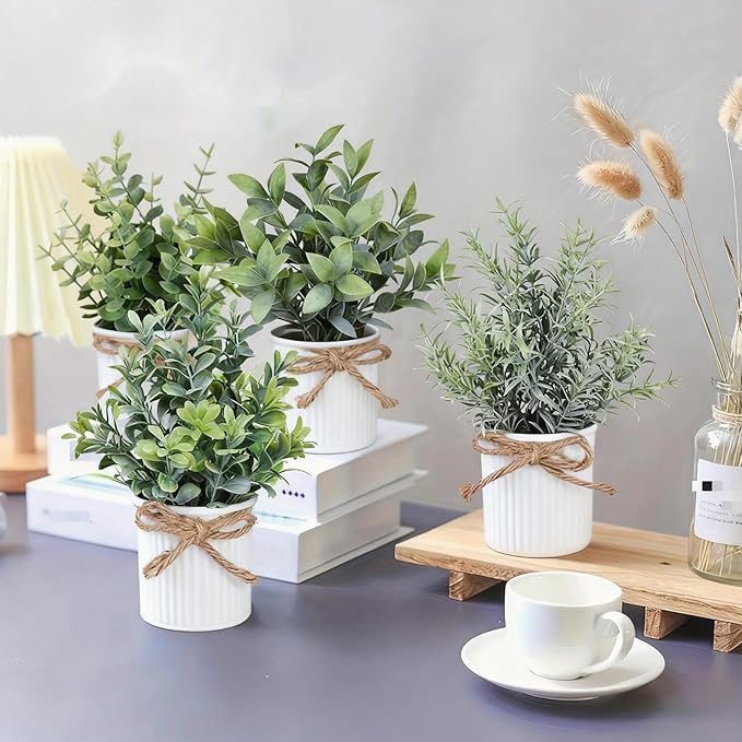 4 Potted Artificial Plants Metal Fake Potted Plant with Iron Pot Mini Greenery Decor Small Faux Plants for Indoor Farmhouse Home Porch Garden Bathroom Room Décor White