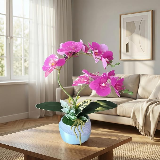 Artificial Orchid with 3D Printed Vase, Lifelike Fake Phalaenopsis Orchid Flowers, Realistic Silk Orchids for Home Decor Living Room, Deep Purple
