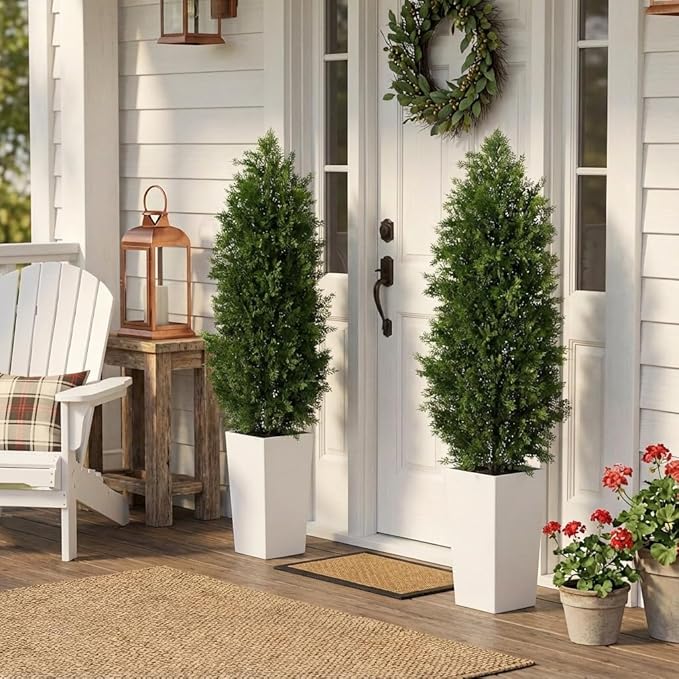 Aveyas 5ft Artificial Cedar Topiary Trees, 5 ft Faux Potted Plants Evergreen Fake Pine Cypress Tree for Outdoor Porch Home Outside Door Decor (5 Feet Tall Including Raised Pot) - Set of 2 Pack