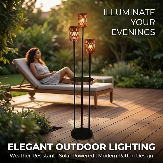 Solar Outdoor Floor Lamp Waterproof, Cordless Outdoor Lamps for Patio with Shelves Plant Stand, Rattan Solar Lamp for Outside, Wireless Outdoor Light for Yard Garden Deck Porch Decor