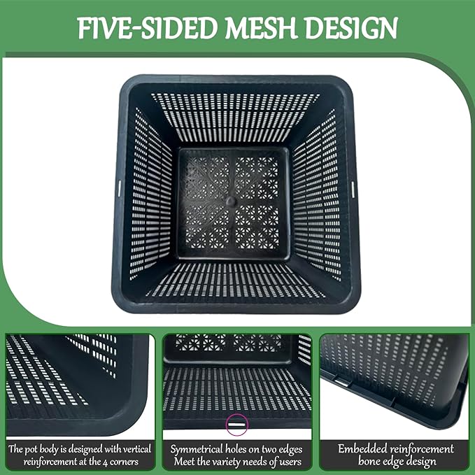 8 Pcs 9 Inch Aquatic Plant Baskets for Hydroponics Water Garden Plant Pots Black Plastic Mesh Basket Square Plastic Mesh Pond Containers for Live Aquarium Plants